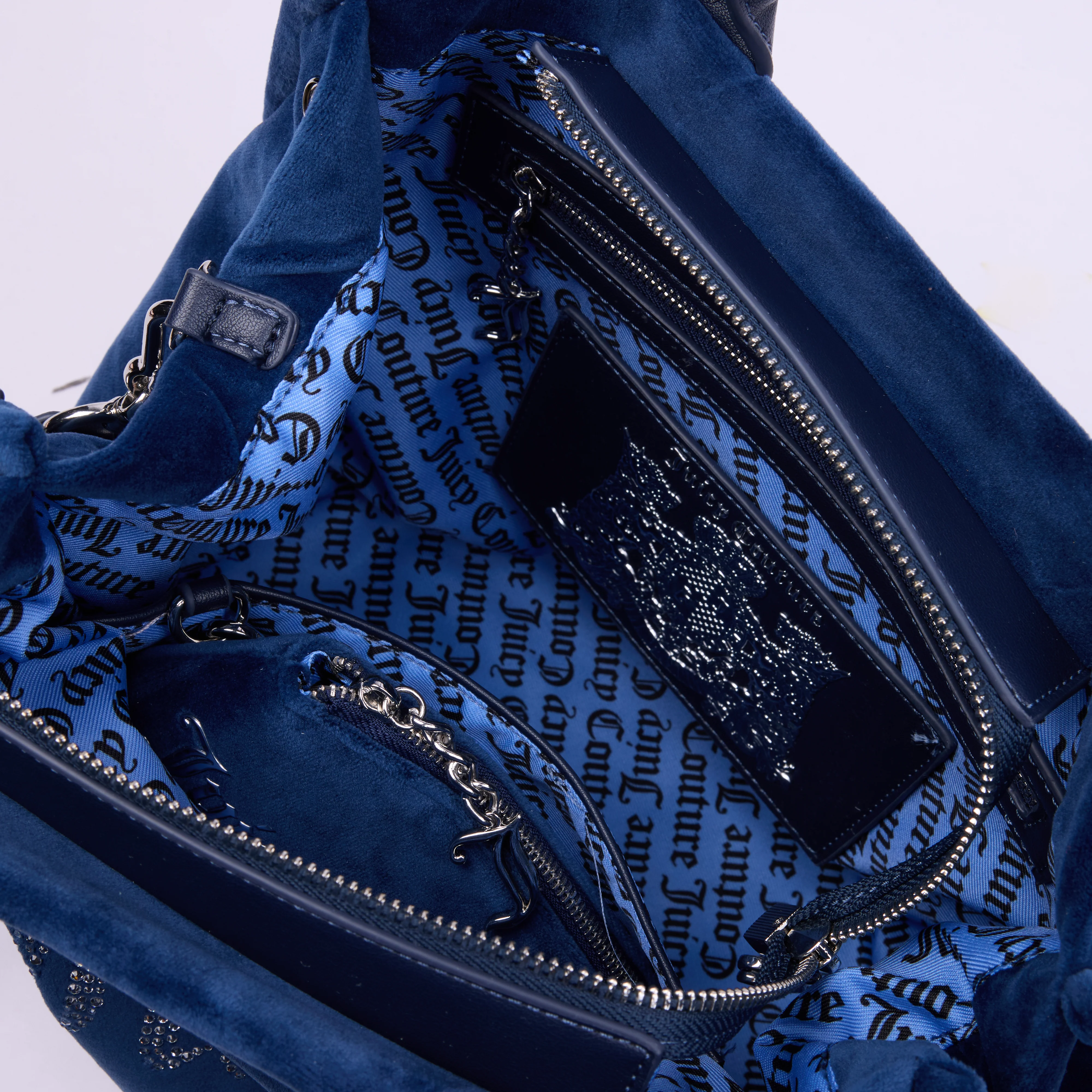 Borsa a mano media con strass Iris Blu Scuro in velour - Image 3