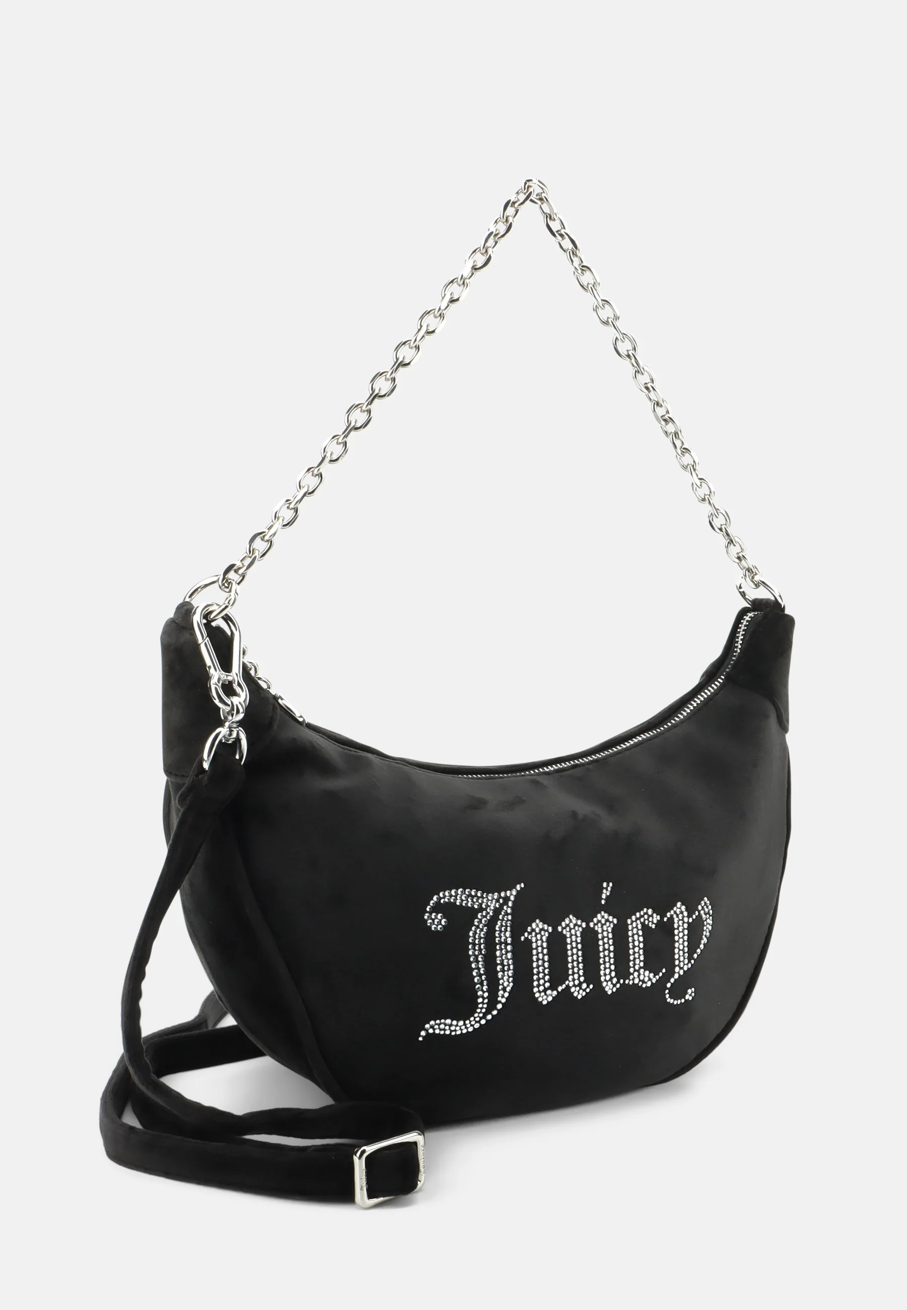 Borsa a spalla Kimberly in velluto con tracolla regolabile e logo in strass colore Nero - Image 4