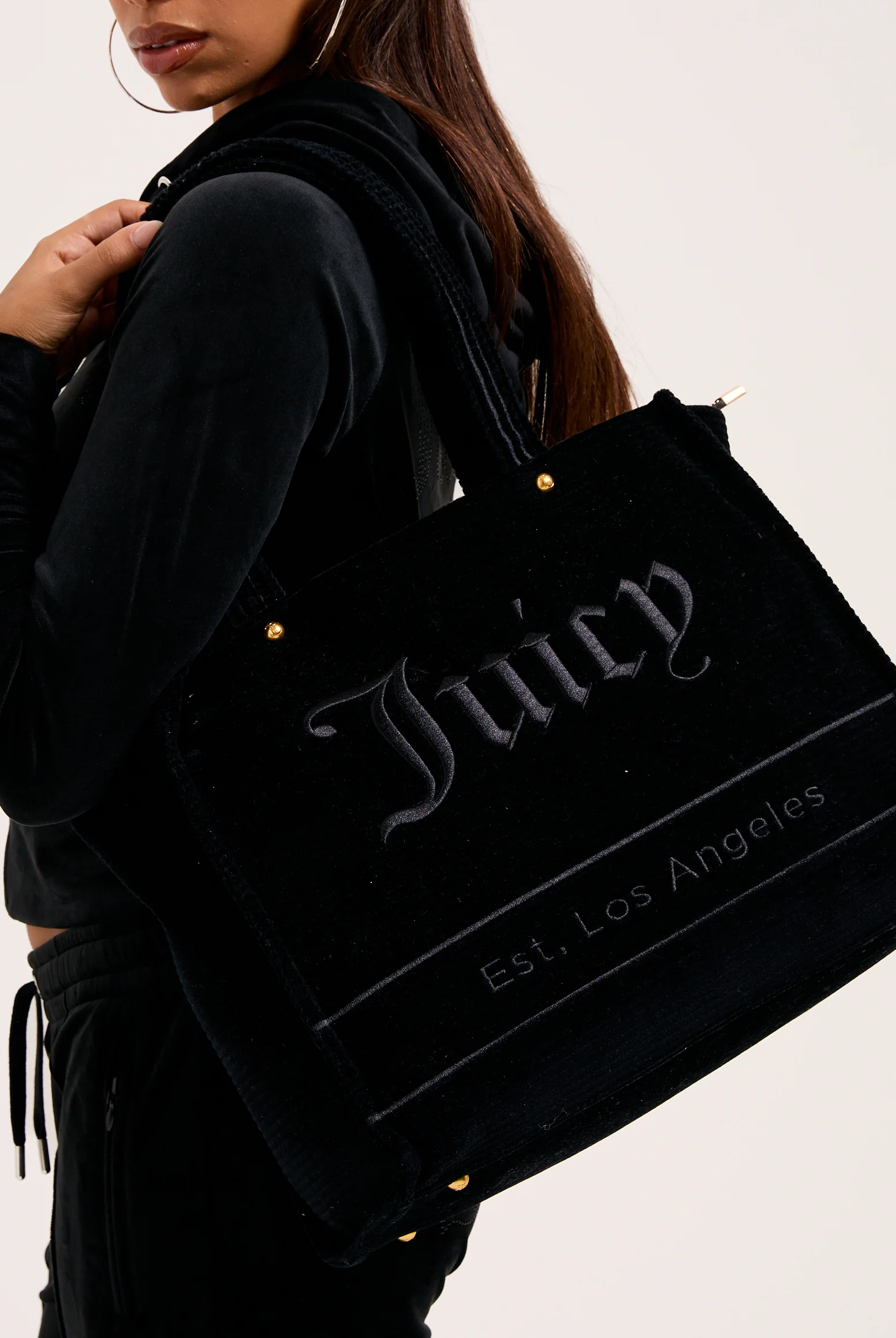 Borsa shopper grande Iris Nero in velour a coste - Image 4