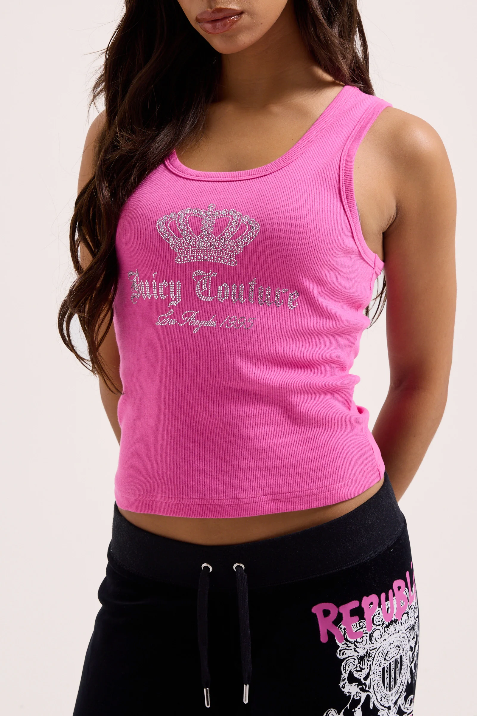 Canotta Gothic Crown in jersey a costine con logo corona in strass color rosa - Image 3