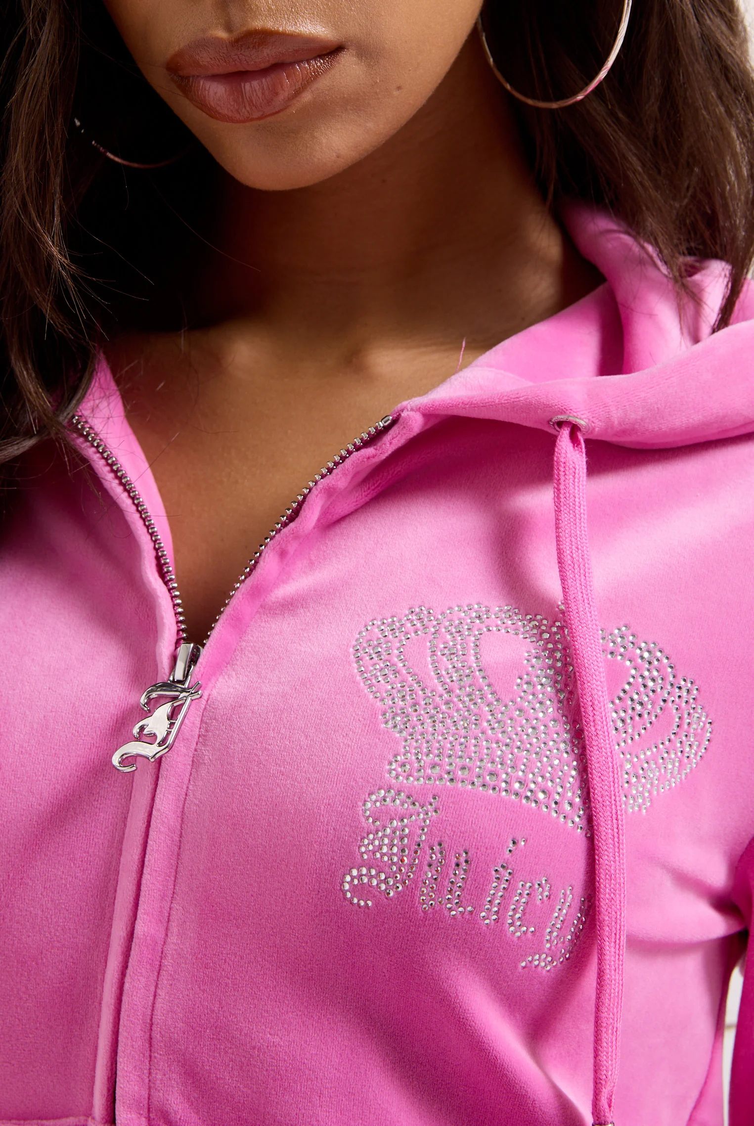 Felpa in velluto Gothic Crown con cappuccio, doppia zip e strass colore rosa - Image 5