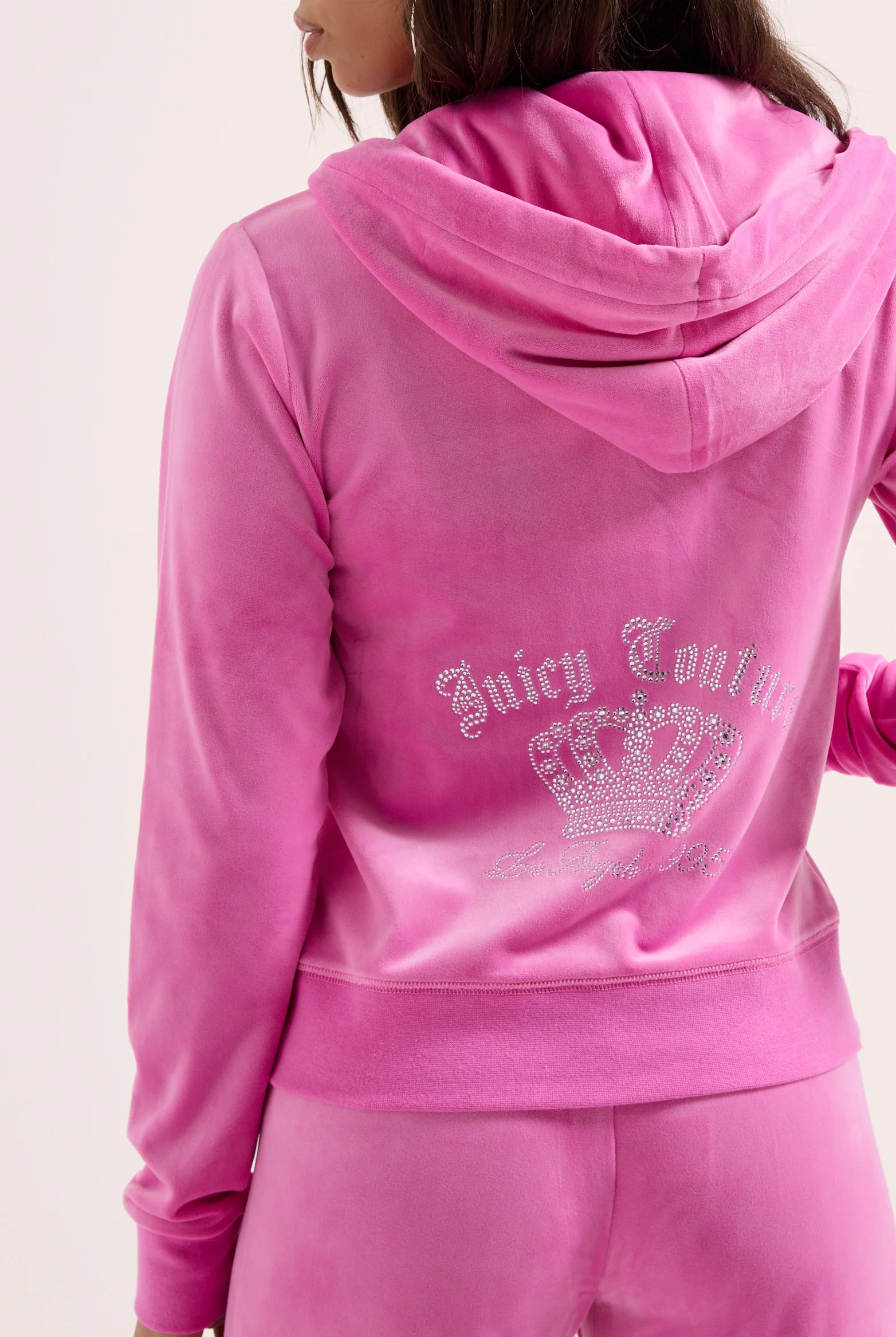 Felpa in velluto Gothic Crown con cappuccio, doppia zip e strass colore rosa - Image 6
