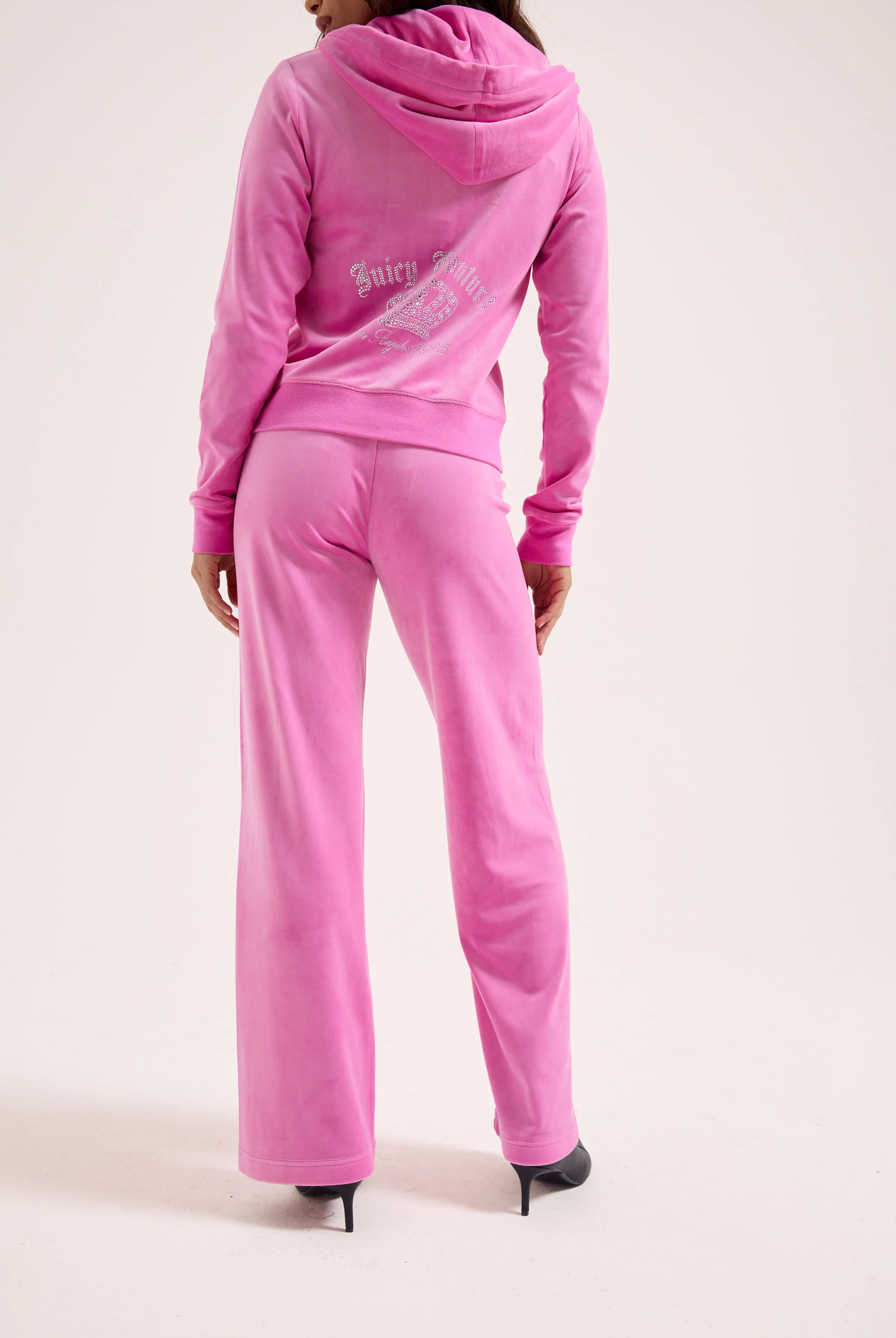 Felpa in velluto Gothic Crown con cappuccio, doppia zip e strass colore rosa - Image 7