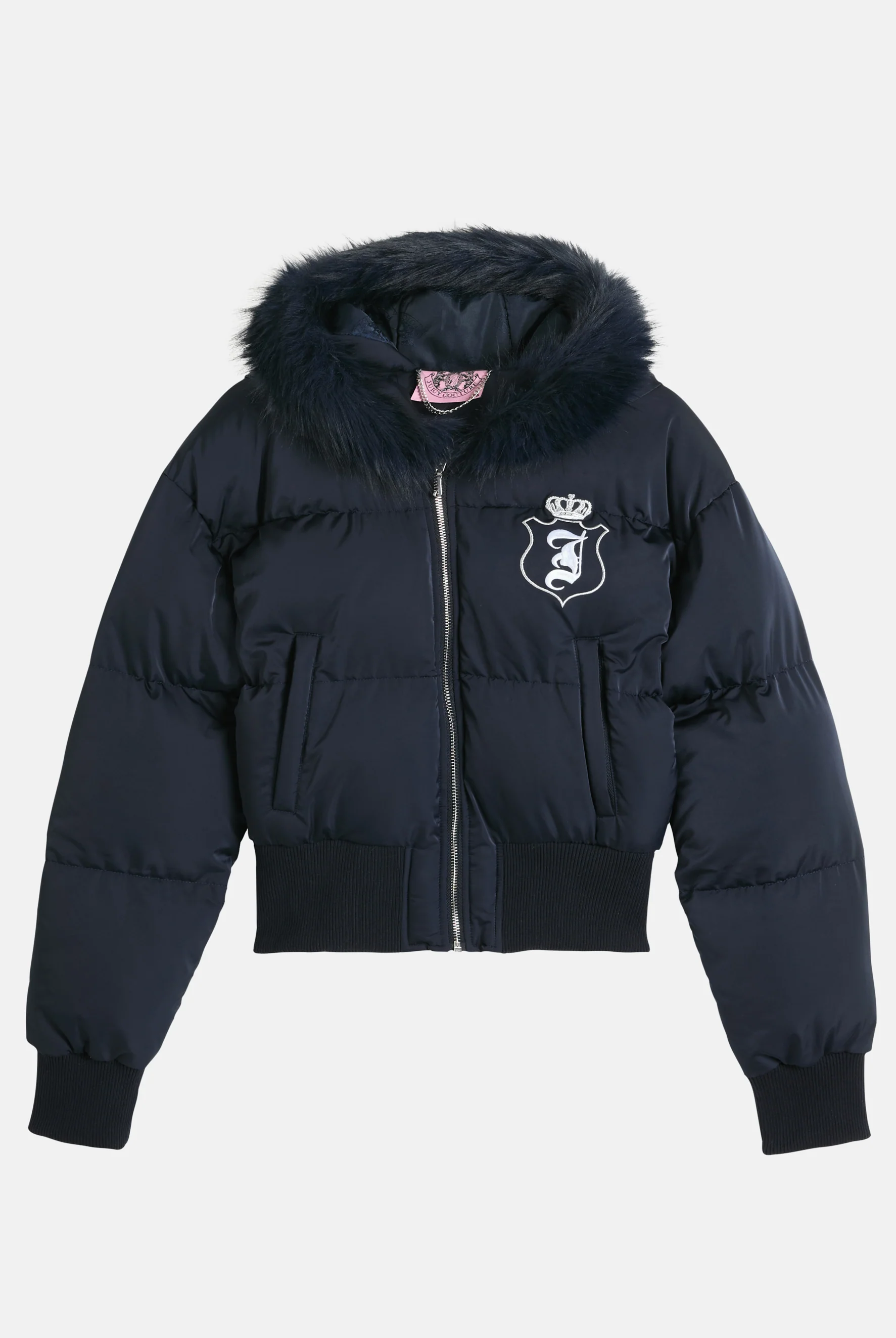 Giacca imbottita crop House of Juicy in velour con cappuccio con bordo in ecopelliccia Blu Scuro