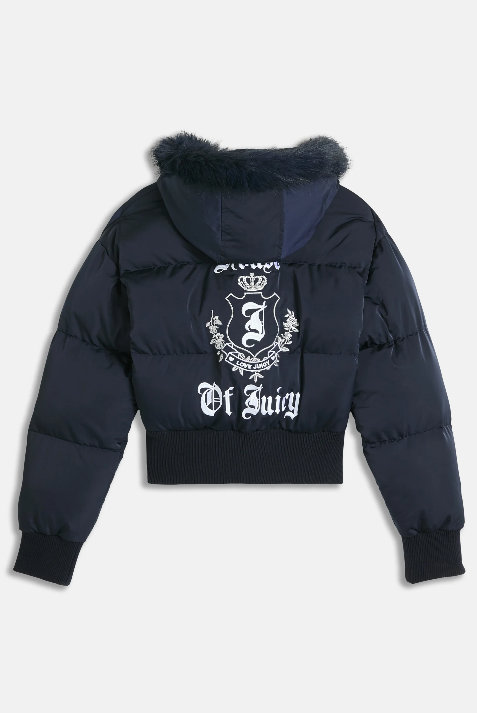 Giacca imbottita crop House of Juicy in velour con cappuccio con bordo in ecopelliccia Blu Scuro - Image 2