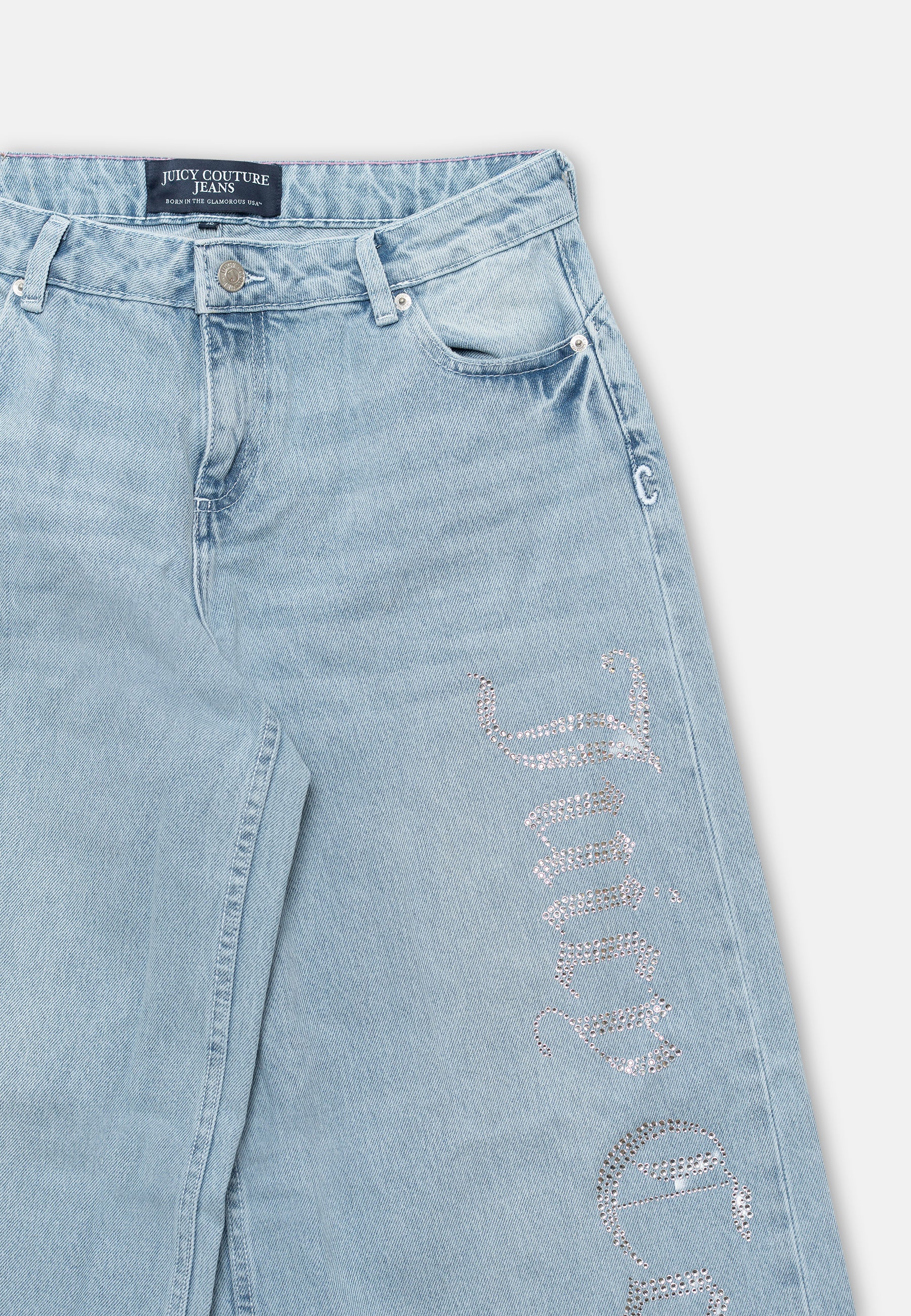 Jeans a gamba larga a vita media con logo strass Light Wash - Image 3