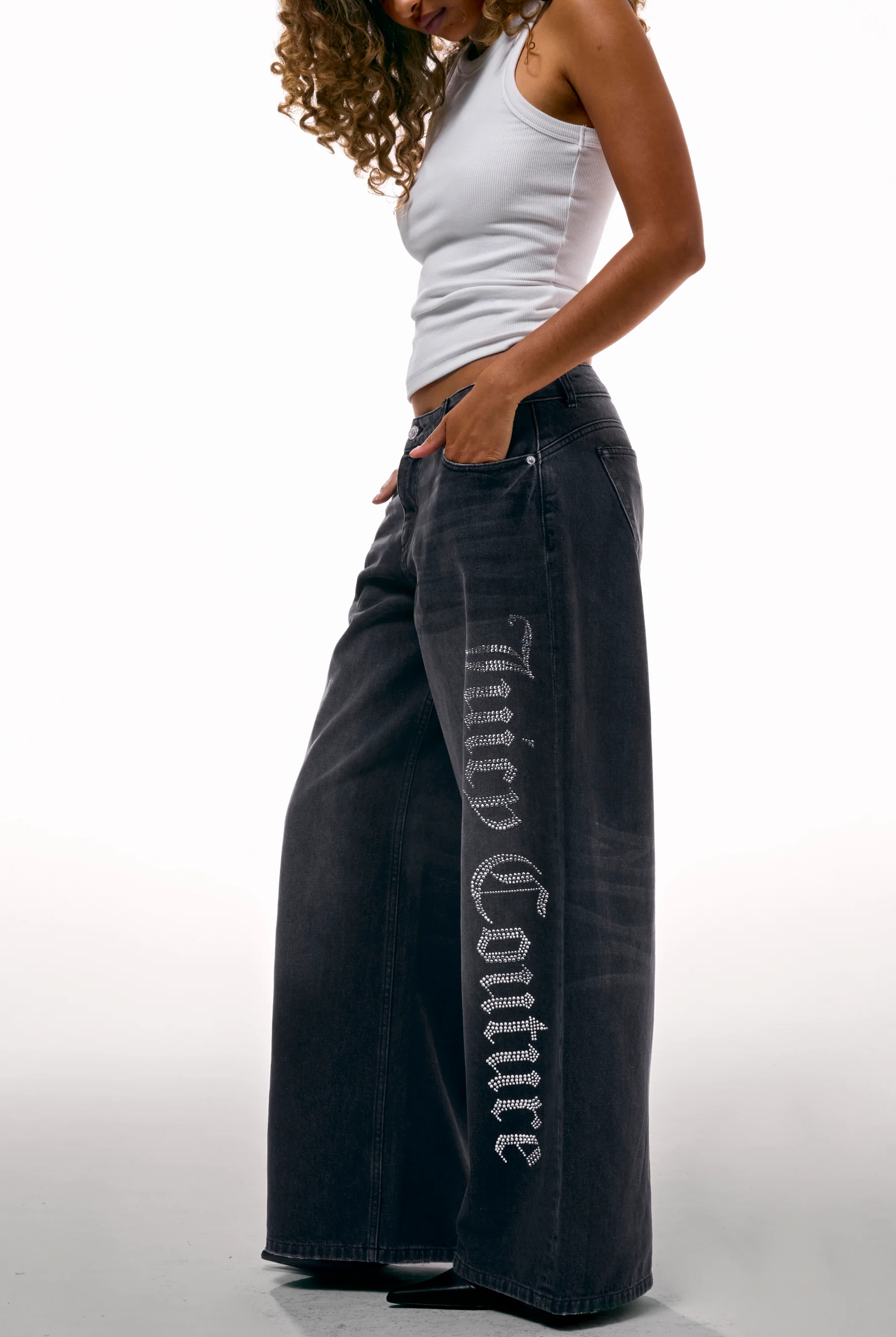 Jeans Diamante a gamba ampia con strass in denim nero - Image 4