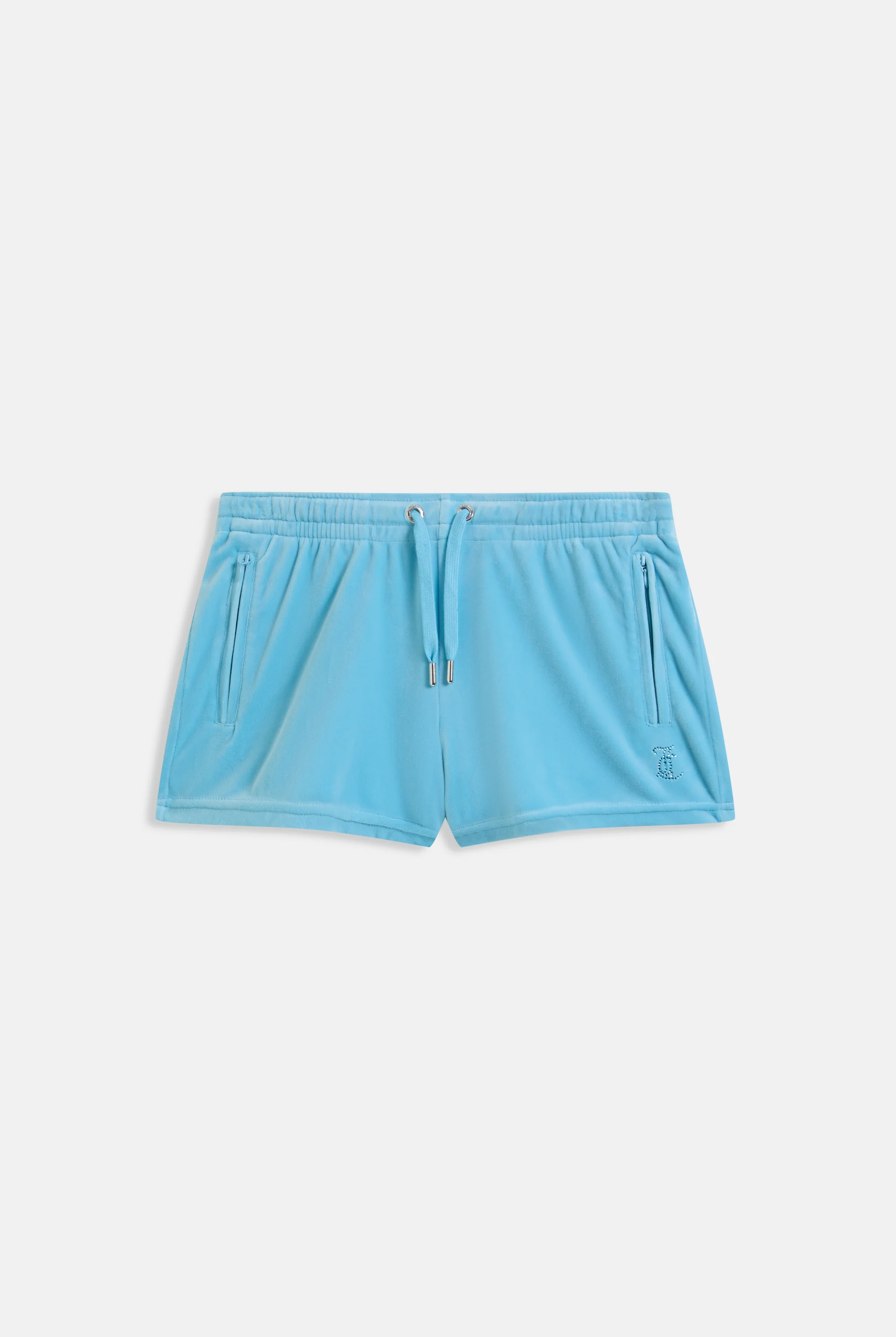 Pantaloncini Tamia in velluto classico con logo Juicy in strass tono su tono colore Celeste
