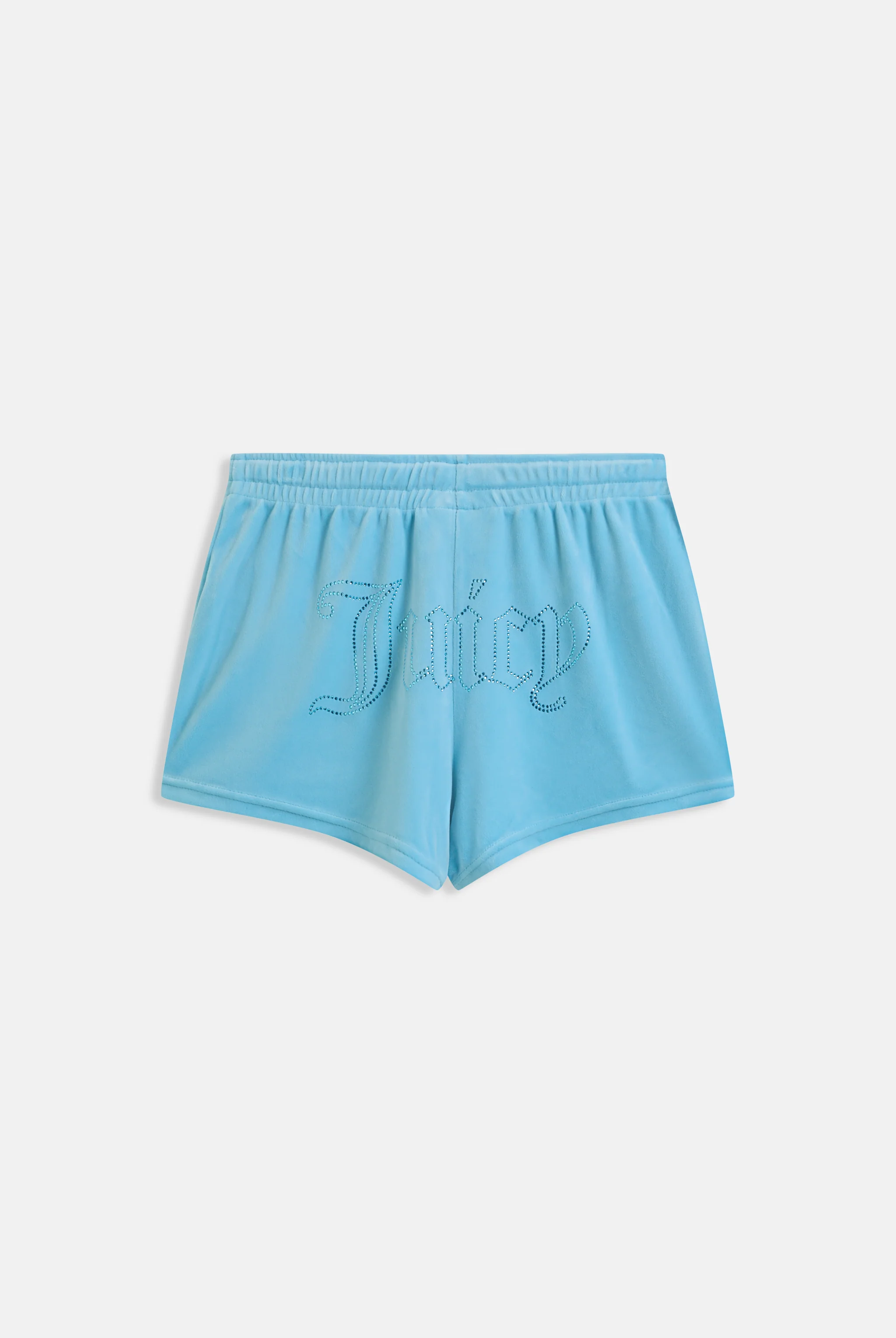 Pantaloncini Tamia in velluto classico con logo Juicy in strass tono su tono colore Celeste - Image 2