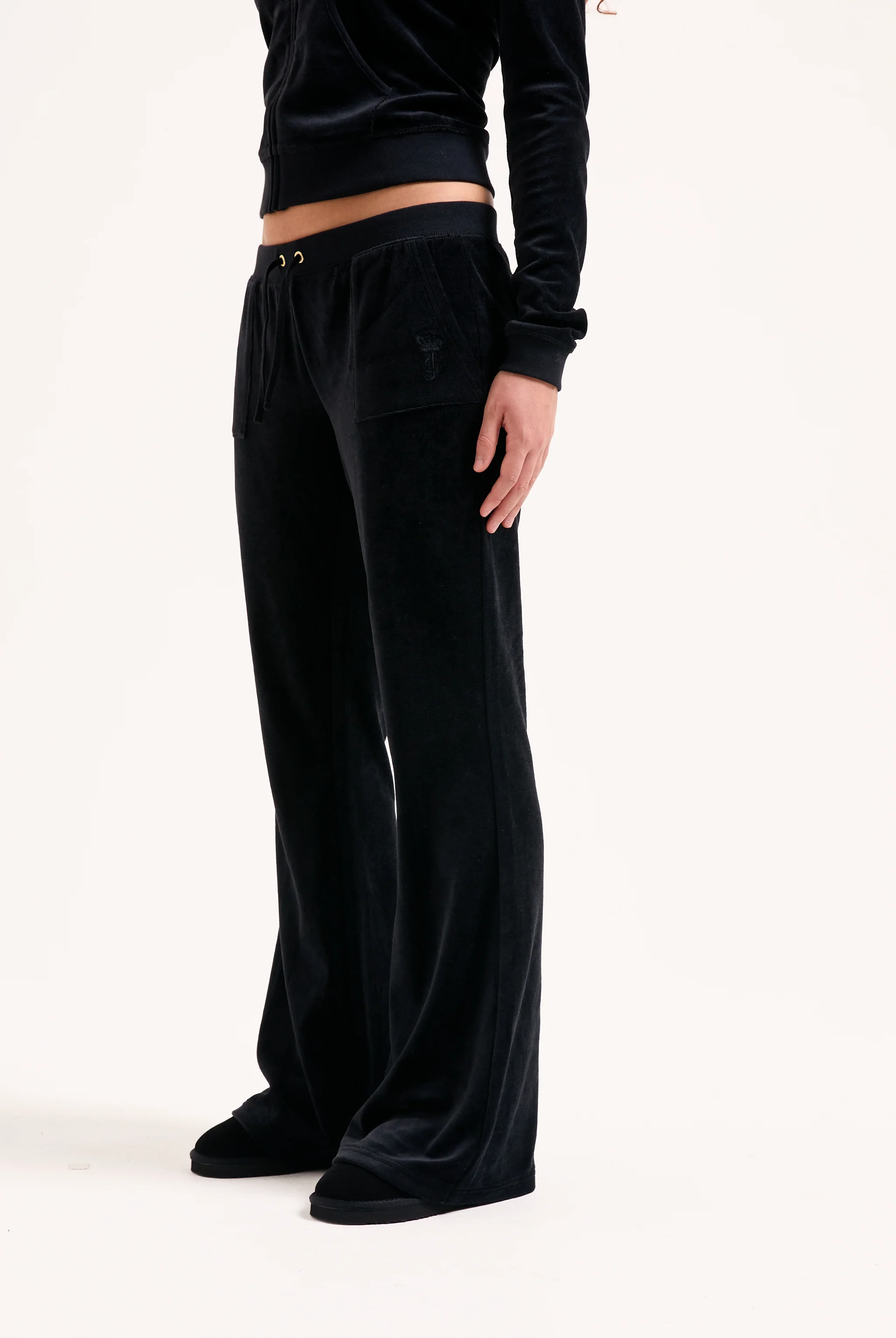 Pantalone da tuta Heritage in velour di bamboo a vita ultra bassa con ricamo Nero - Image 8