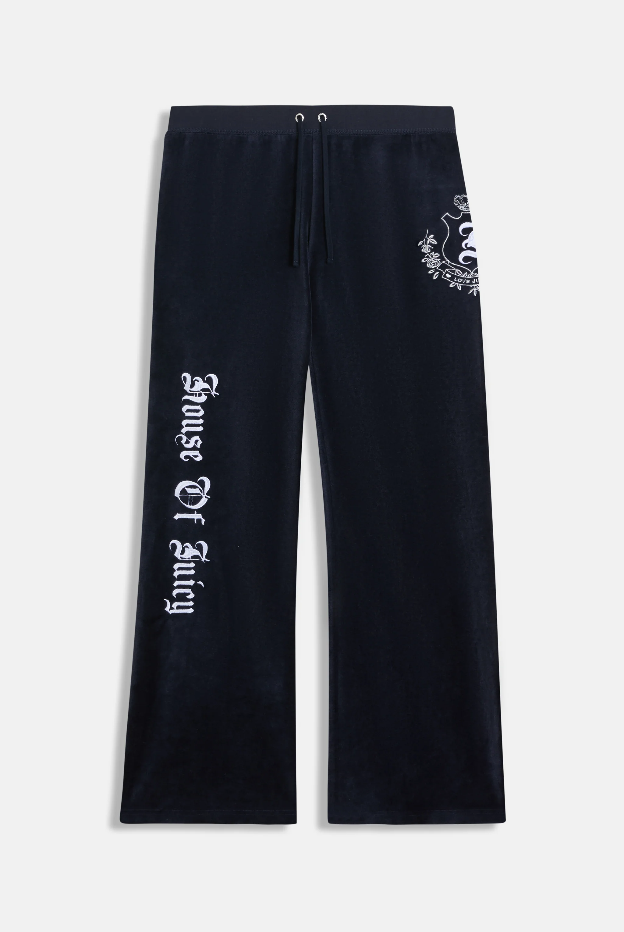Pantalone in velour di bamboo a vita ultra bassa con ricamo House of Juicy Blu Scuro