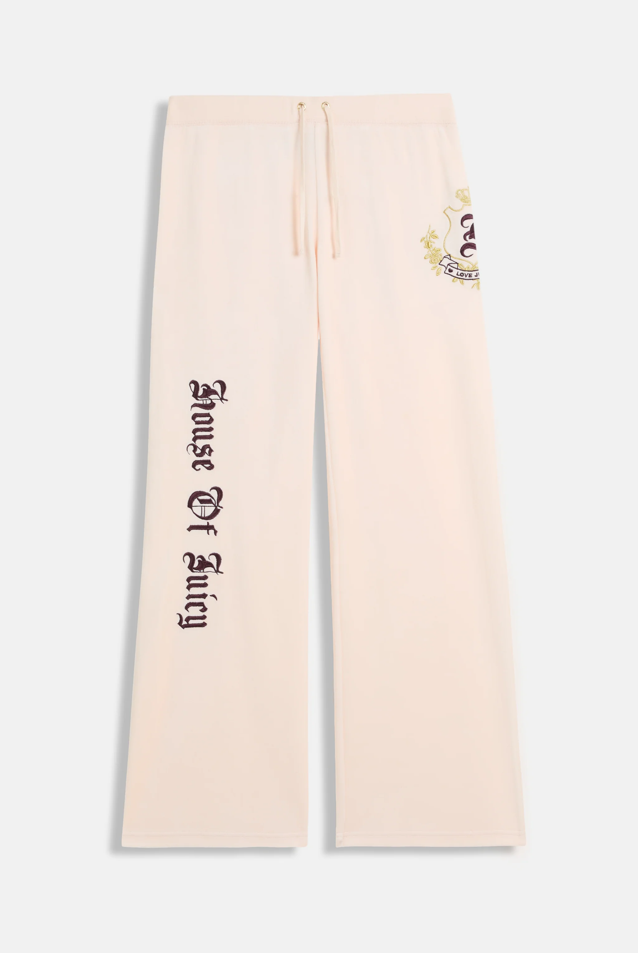 Pantalone in velour di bamboo a vita ultra bassa con ricamo House of Juicy Rosa Cipria