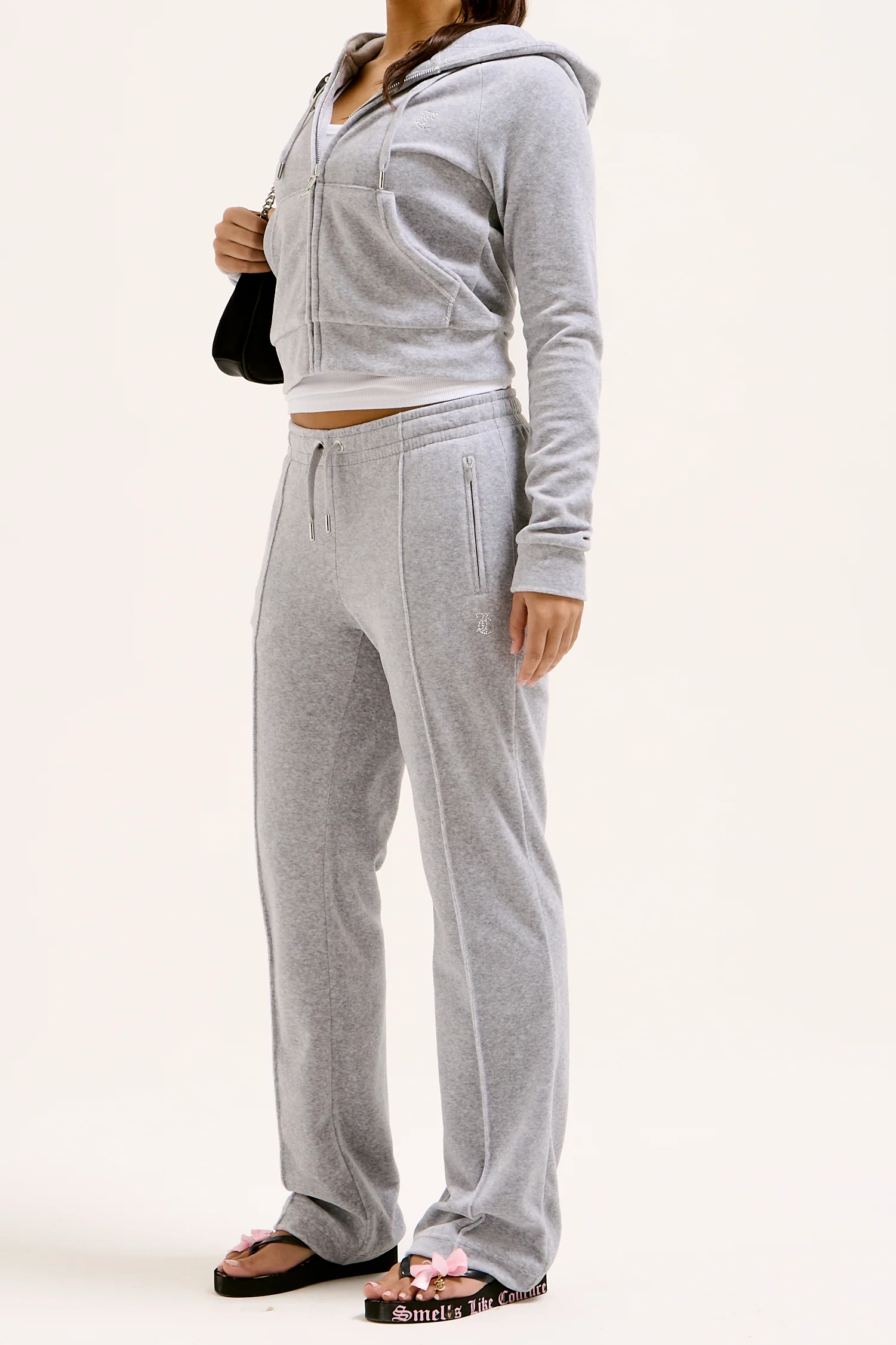 Pantaloni in velltuo Tina a vita media con logo Juicy in strass colore Grigio - Image 3