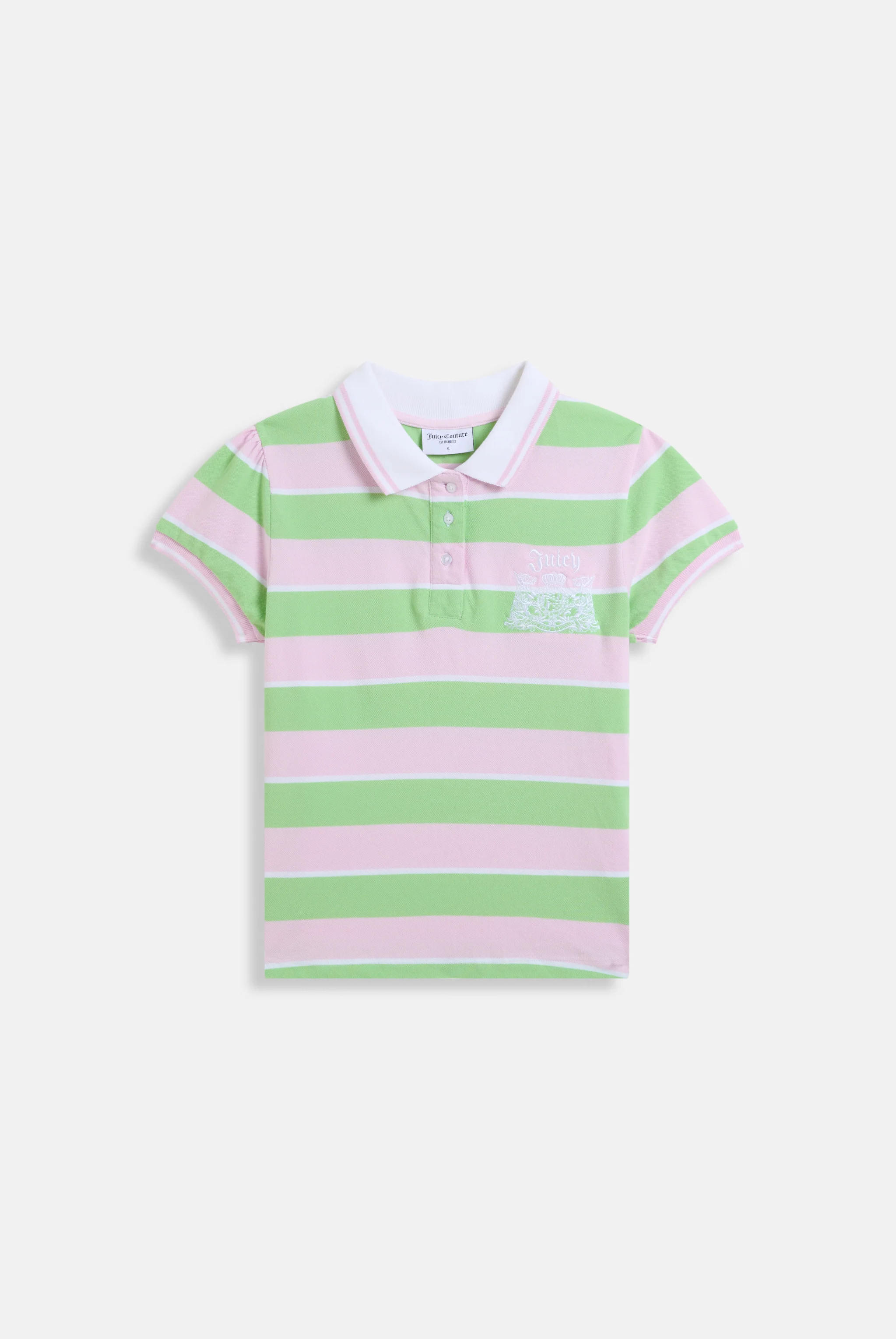Polo Juicy a maniche a sbuffo in jersey piqué aderente con stemma cane Juicy ricamato a righe rosa e verde