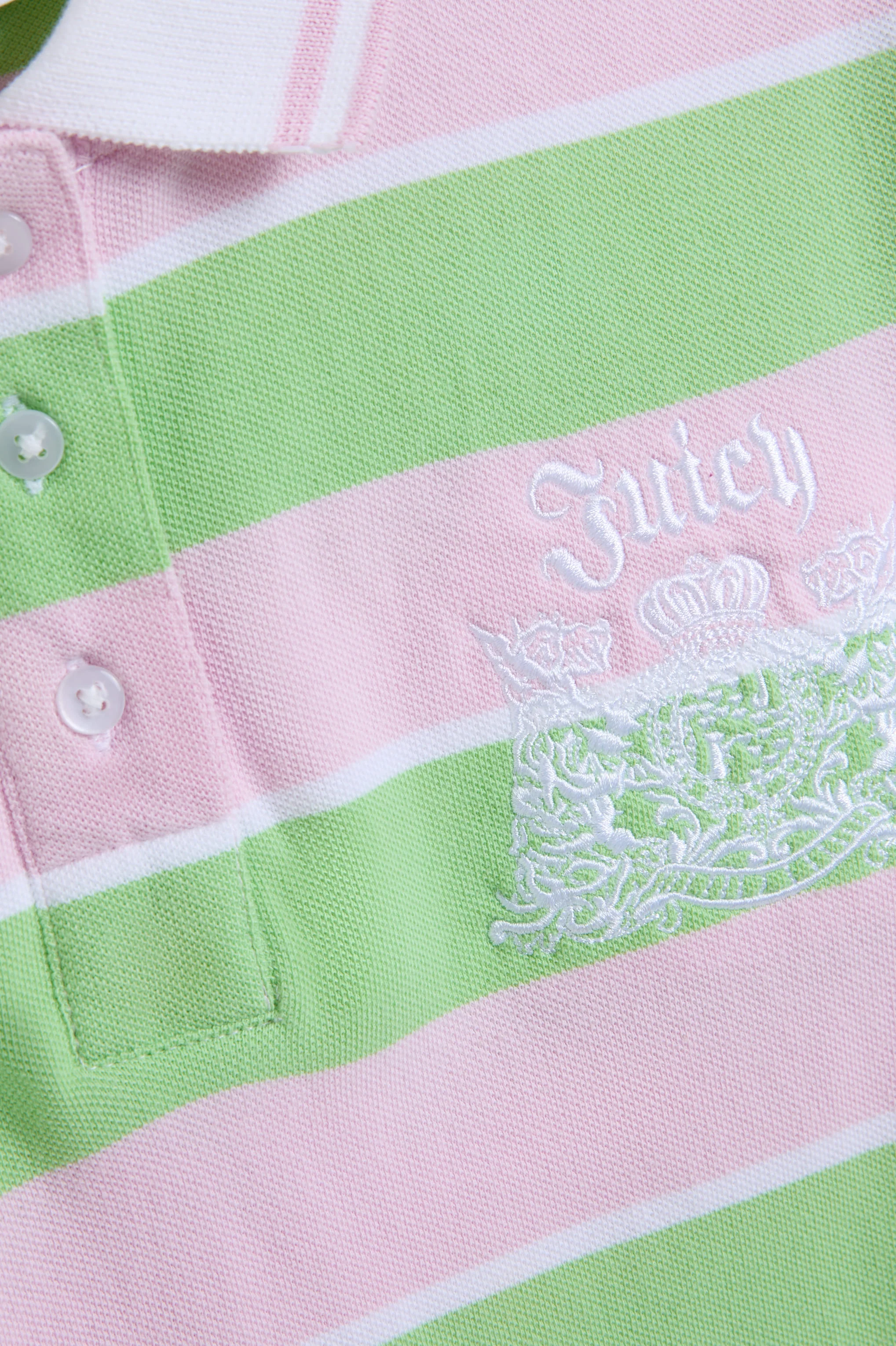 Polo Juicy a maniche a sbuffo in jersey piqué aderente con stemma cane Juicy ricamato a righe rosa e verde - Image 7