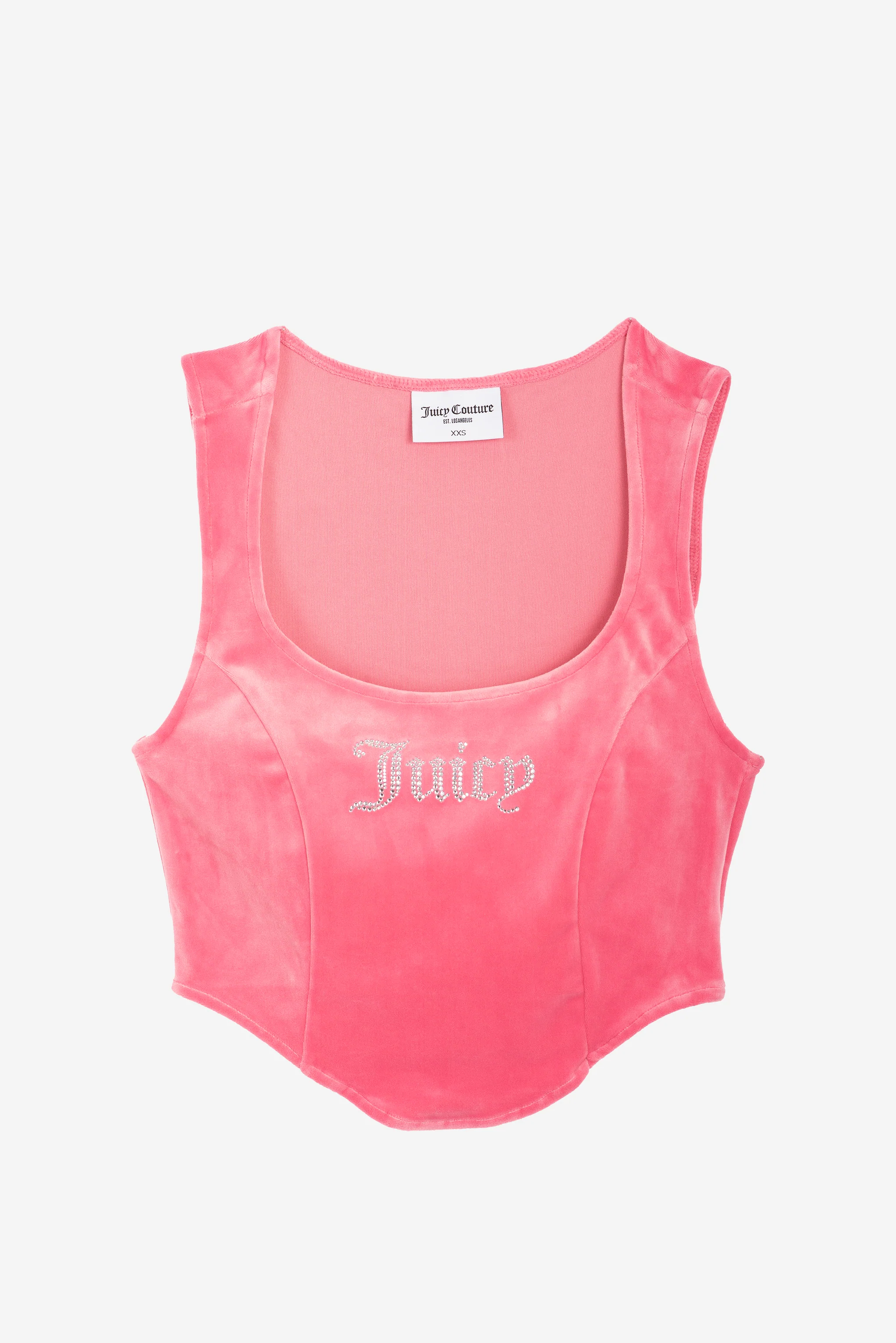Top Juicy aderente in velluto con scollo ampio e logo in strass colore Rosa